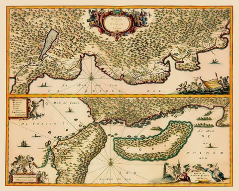 Osaka to Tokyo Route Japan - Van Meurs 1669 Black Ornate Wood Framed Art Print with Double Matting by Van Meurs