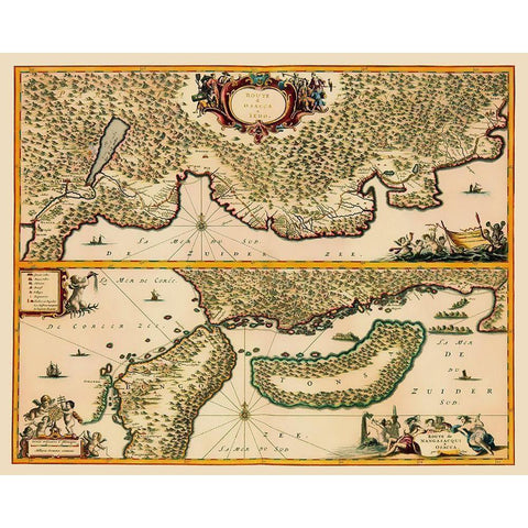 Osaka to Tokyo Route Japan - Van Meurs 1669 Black Modern Wood Framed Art Print with Double Matting by Van Meurs