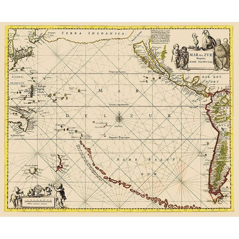 Pacific Ocean Chart - Jansson 1650 Black Modern Wood Framed Art Print with Double Matting by Jansson