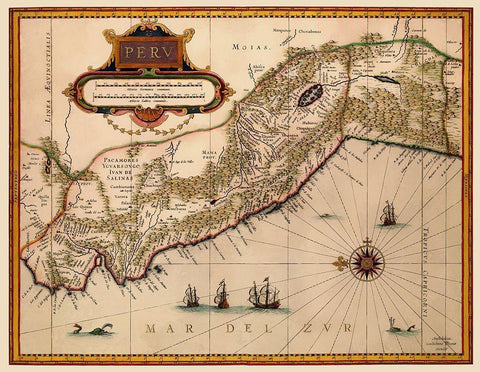 South America Peru - Blaeu 1630 Black Ornate Wood Framed Art Print with Double Matting by Blaeu
