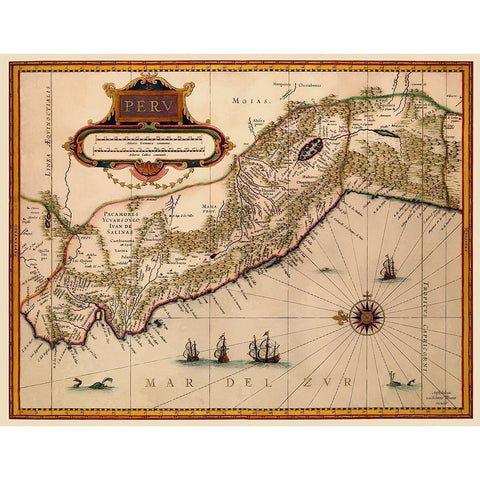 South America Peru - Blaeu 1630 Black Modern Wood Framed Art Print with Double Matting by Blaeu