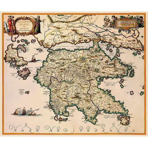 Peloponnese Region Greece - Jansson 1654 White Modern Wood Framed Art Print by Jansson