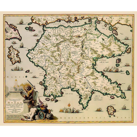 Peloponnese Peninsula Greece - Visscher 1681 White Modern Wood Framed Art Print by Visscher