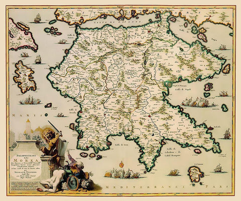 Peloponnese Peninsula Greece - Visscher 1681 Black Ornate Wood Framed Art Print with Double Matting by Visscher