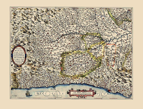Piedmont Region Italy - Ortelius 1592 Black Ornate Wood Framed Art Print with Double Matting by Ortelius