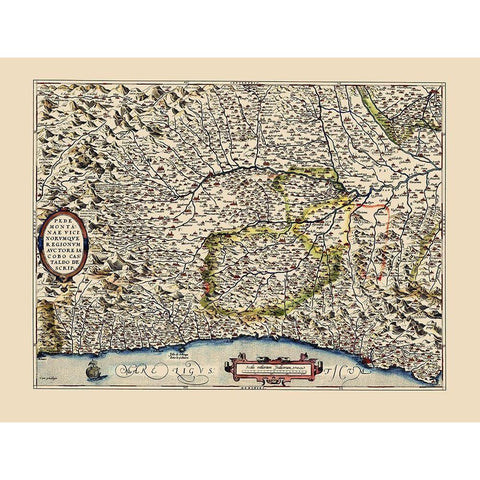 Piedmont Region Italy - Ortelius 1592 Black Modern Wood Framed Art Print with Double Matting by Ortelius