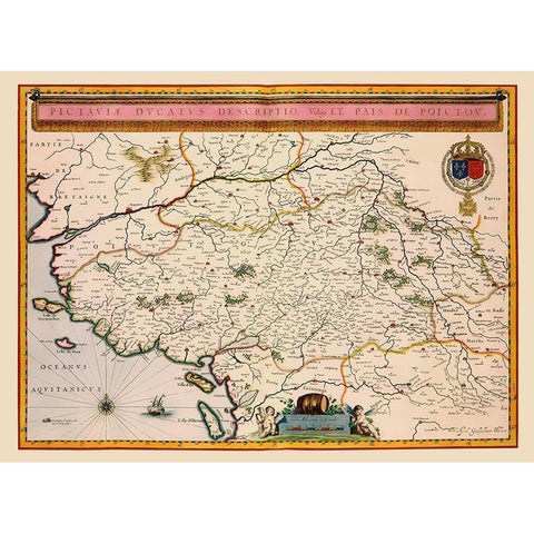 Pays de la Loire Region France - Blaeu 1635 Gold Ornate Wood Framed Art Print with Double Matting by Blaeu
