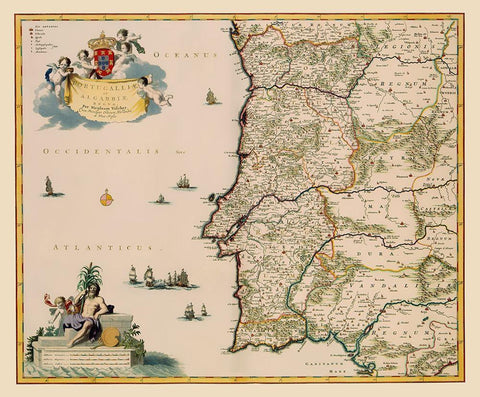 Iberian Peninsula Portugal - Visscher 1681 White Modern Wood Framed Art Print with Double Matting by Visscher