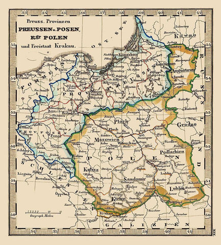 Eastern Europe Prussia Poland - Stieler 1852 Black Ornate Wood Framed Art Print with Double Matting by Stieler