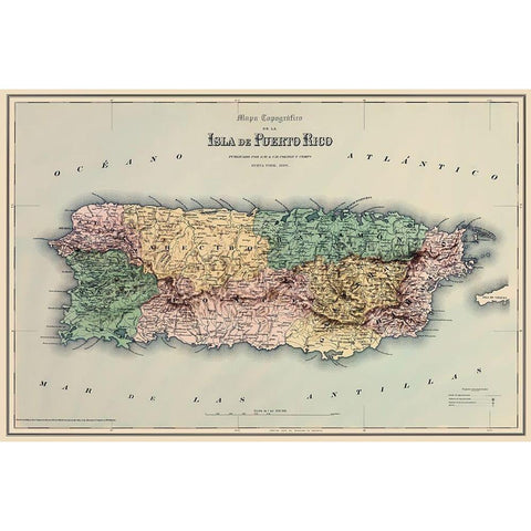 Caribbean Puerto Rico - Colton 1886 Gold Ornate Wood Framed Art Print with Double Matting by Colton