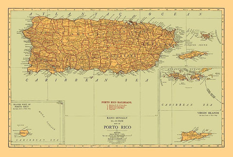 Caribbean Puerto Rico - Rand McNally 1921 Black Ornate Wood Framed Art Print with Double Matting by Rand McNally