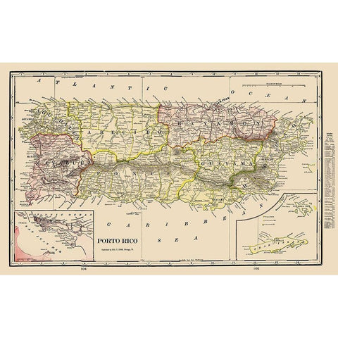 Caribbean Puerto Rico - Cram 1898 Gold Ornate Wood Framed Art Print with Double Matting by Cram