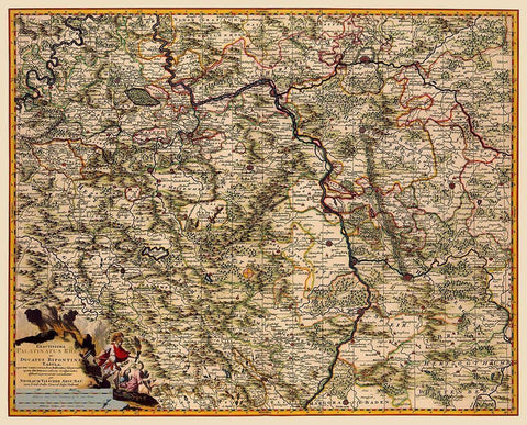Rhine Region Germany - Visscher 1681 Black Ornate Wood Framed Art Print with Double Matting by Visscher