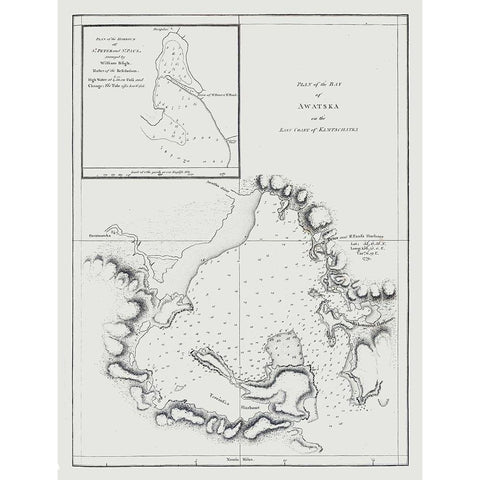 Bay of Awatska Kamtschatka Russia - Bligh 1785 White Modern Wood Framed Art Print by Bligh