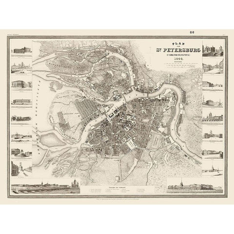 Saint Petersburg Plan Russia - Meyer 1844 White Modern Wood Framed Art Print by Meyer