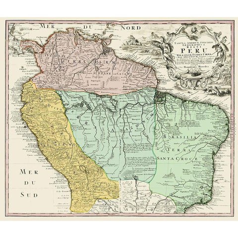 South America Peru Brazil - Homann 1748 White Modern Wood Framed Art Print by Homann