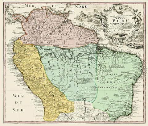 South America Peru Brazil - Homann 1748 Black Ornate Wood Framed Art Print with Double Matting by Homann