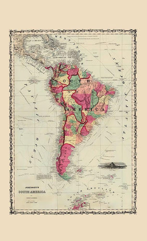 South America - Johnson 1860 White Modern Wood Framed Art Print with Double Matting by Johnson