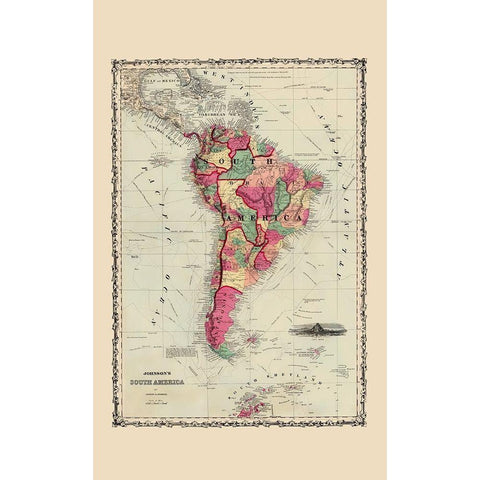 South America - Johnson 1860 Gold Ornate Wood Framed Art Print with Double Matting by Johnson