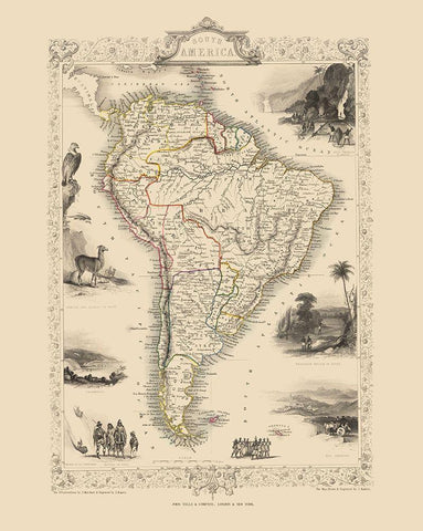 South America - Tallis 1851 White Modern Wood Framed Art Print with Double Matting by Tallis