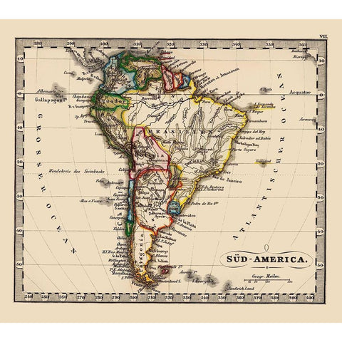 South America - Stieler 1852 Black Modern Wood Framed Art Print with Double Matting by Stieler