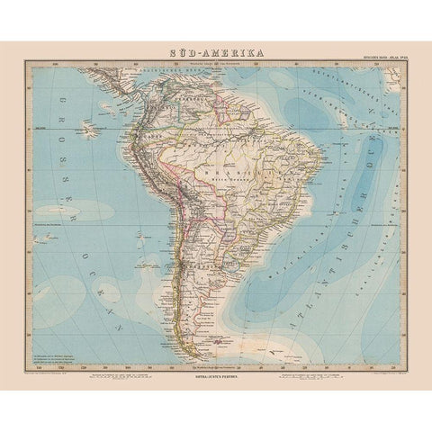 South America - Stieler 1885 Gold Ornate Wood Framed Art Print with Double Matting by Stieler