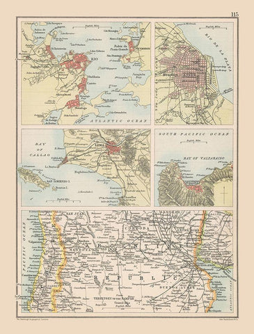 Bays South America - Bartholomew 1892 Black Ornate Wood Framed Art Print with Double Matting by Bartholomew