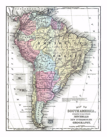 South America - Mitchell 1877 Black Ornate Wood Framed Art Print with Double Matting by Mitchell