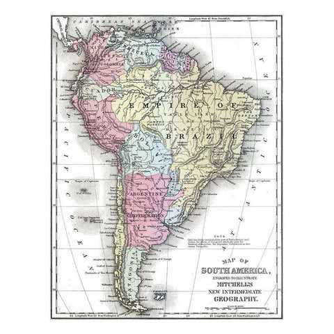 South America - Mitchell 1877 Black Modern Wood Framed Art Print with Double Matting by Mitchell