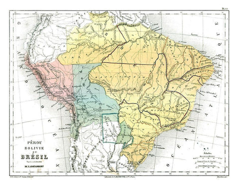 South America Brazil Peru Bolivia - Cortambert Black Ornate Wood Framed Art Print with Double Matting by Cortambert