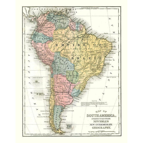 South America - Mitchell 1869 Black Modern Wood Framed Art Print with Double Matting by Mitchell