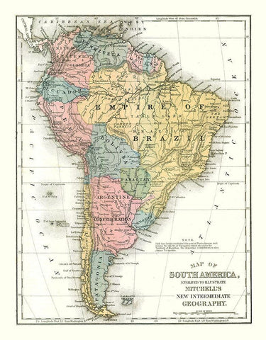 South America - Mitchell 1869 Black Ornate Wood Framed Art Print with Double Matting by Mitchell