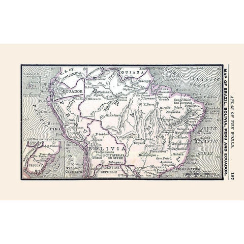 South America Brazil Bolivia Peru Ecuador Black Modern Wood Framed Art Print by Alden