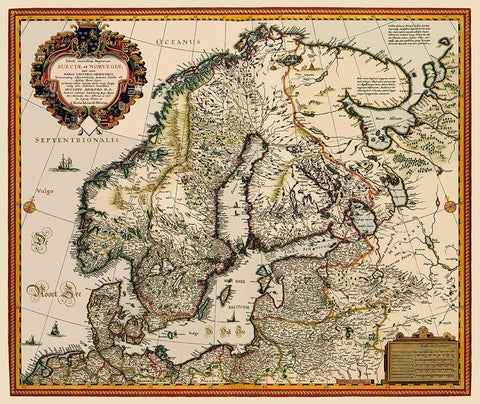 Scandinavia - Visscher 1656 Black Ornate Wood Framed Art Print with Double Matting by Visscher