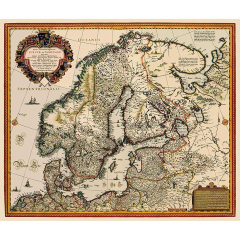 Scandinavia - Visscher 1656 Gold Ornate Wood Framed Art Print with Double Matting by Visscher