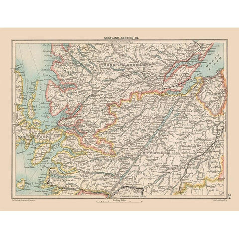 Highlands Scotland - Bartholomew 1892 Gold Ornate Wood Framed Art Print with Double Matting by Bartholomew