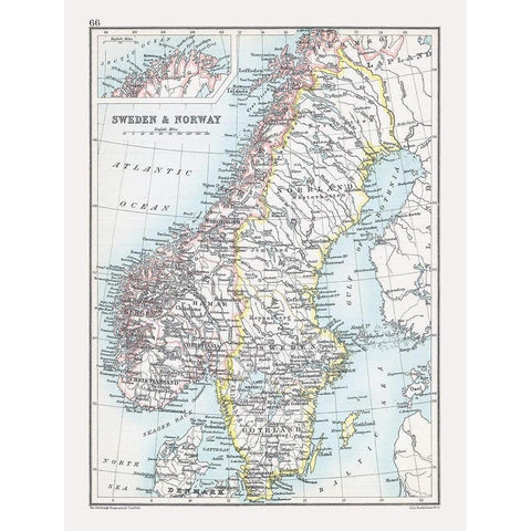 Europe Sweden Norway - Bartholomew 1892 Black Modern Wood Framed Art Print with Double Matting by Bartholomew