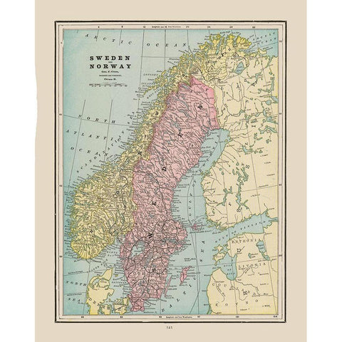 Europe Sweden Norway - Cram 1892 White Modern Wood Framed Art Print by Cram