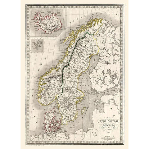 Europe Sweden Norway Denmark - Monin 1839 Gold Ornate Wood Framed Art Print with Double Matting by Monin