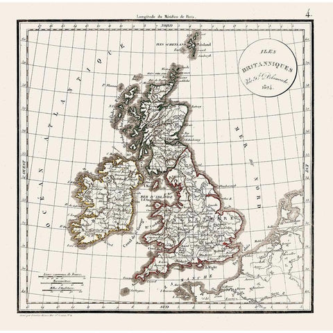 British Isles England - Delamarche 1824 Black Modern Wood Framed Art Print with Double Matting by Delamarche