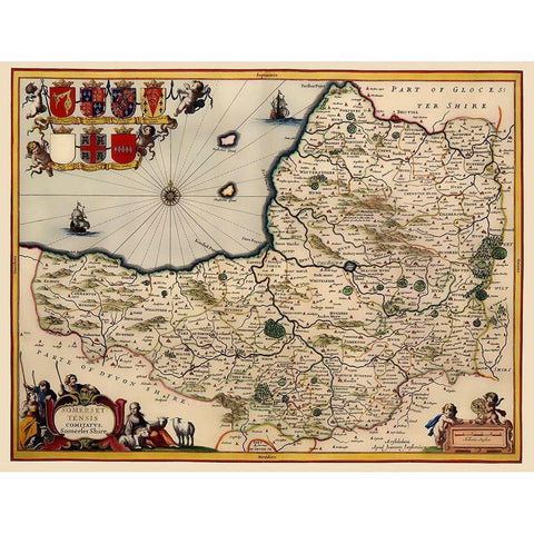 Somerset County England - Jansson 1646 Black Modern Wood Framed Art Print with Double Matting by Jansson