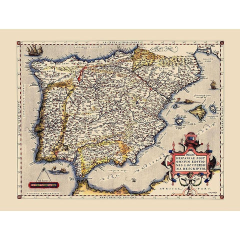 Iberian Peninsula Spain Portugal - Ortelius 1592 Black Modern Wood Framed Art Print with Double Matting by Ortelius