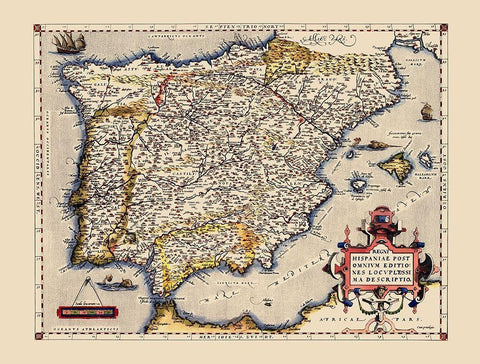 Iberian Peninsula Spain Portugal - Ortelius 1592 White Modern Wood Framed Art Print with Double Matting by Ortelius