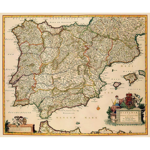 Spain Portugal - Visscher 1681 Black Modern Wood Framed Art Print with Double Matting by Visscher