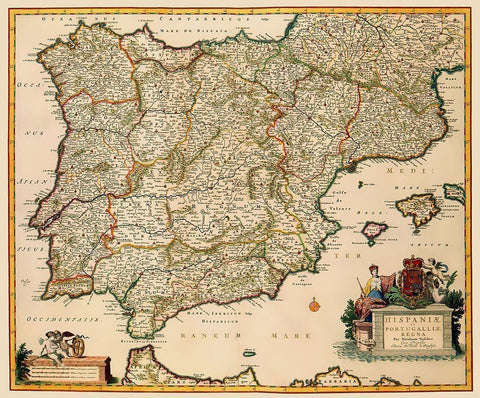 Spain Portugal - Visscher 1681 White Modern Wood Framed Art Print with Double Matting by Visscher