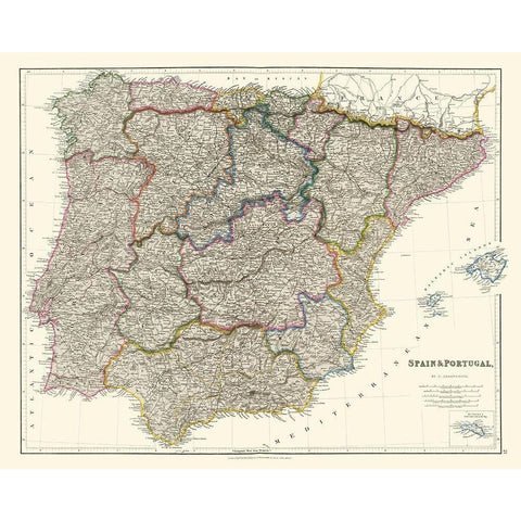 Spain Portugal - Arrowsmith 1832 Black Modern Wood Framed Art Print with Double Matting by Arrowsmith