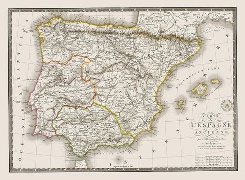 Spain Portugal - Brue 1827 Black Ornate Wood Framed Art Print with Double Matting by Brue