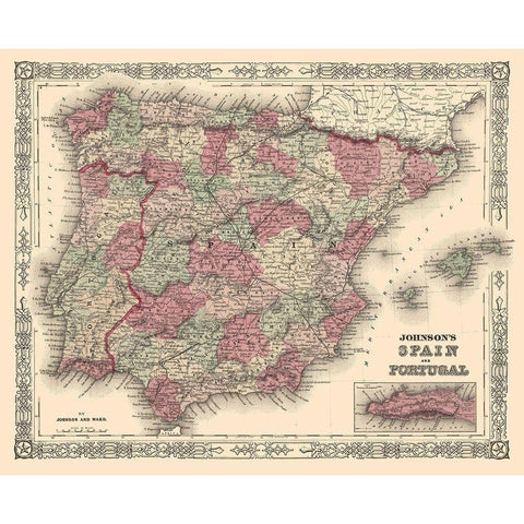 Spain Portugal - Johnson 1854 Gold Ornate Wood Framed Art Print with Double Matting by Johnson