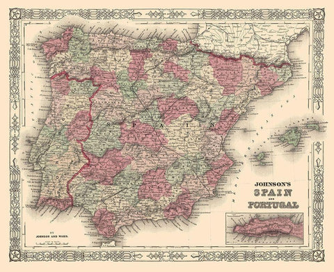 Spain Portugal - Johnson 1854 White Modern Wood Framed Art Print with Double Matting by Johnson