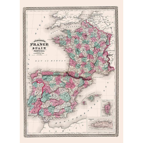 Europe Spain France Portugal - Johnson 1865 Black Modern Wood Framed Art Print with Double Matting by Johnson